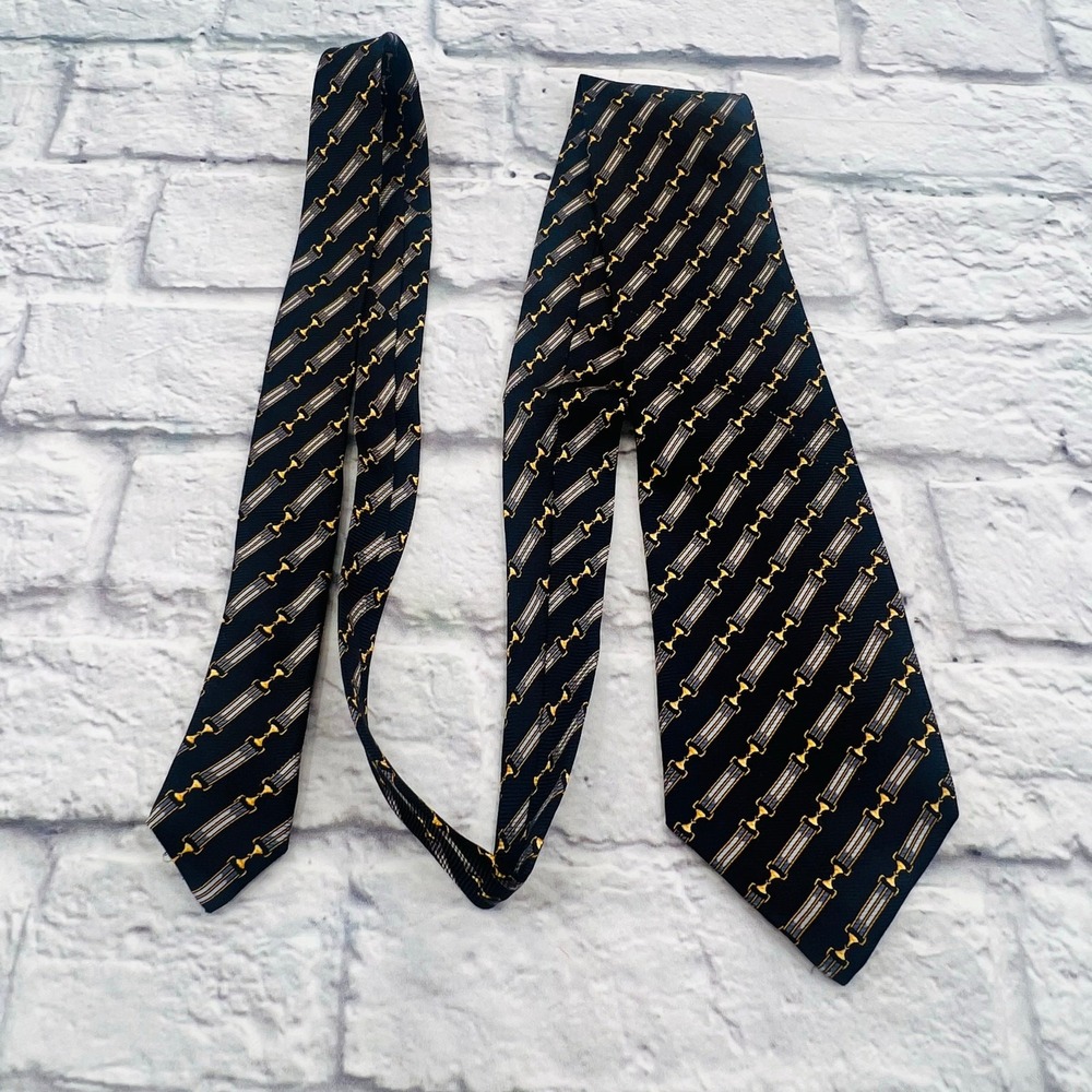 Richel Mens Silk Tie Navy Blue Gold Equestrian Bit Stripe Hand Made in Spain